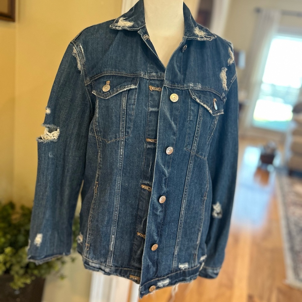 Zara The Trafaluc Oversized Distressed Denim Long Sleeve Jacket for Women - Picture 5 of 16